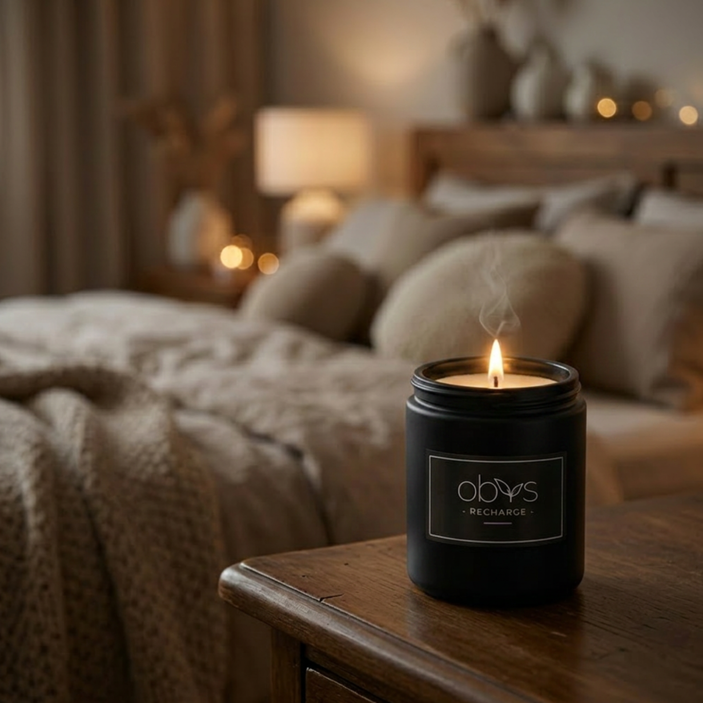 Lit candle on a wooden nightstand in a bedroom with soft lighting