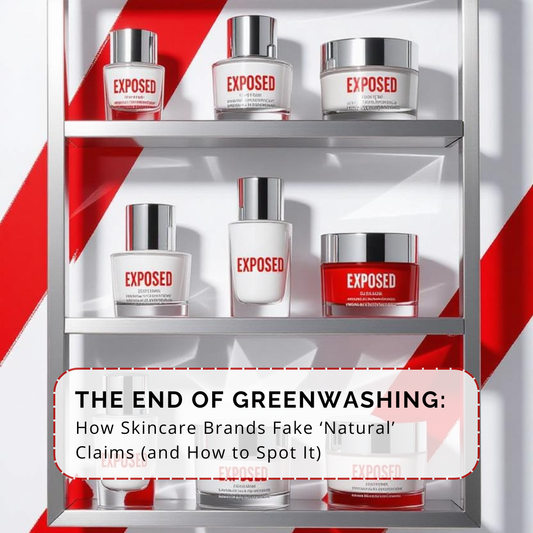 Infographic showing how skincare brands use greenwashing to fake natural and plant-based claims through ISO 16128 loopholes and undisclosed fragrance, teaching consumers how to spot real organic ingredients
