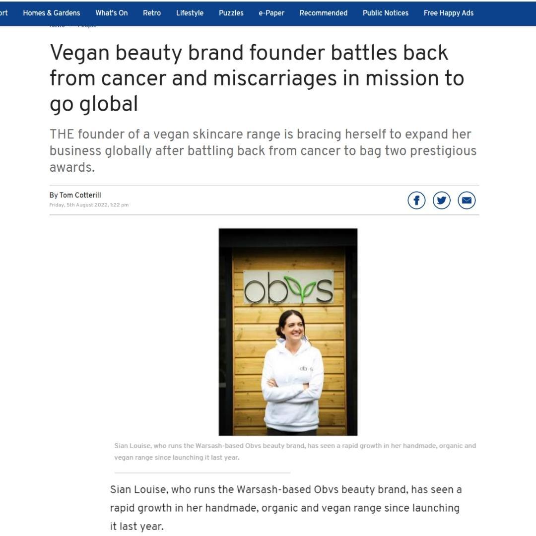 Vegan beauty brand founder battles back from cancer and miscarriages in mission to go global - Obvs Skincare