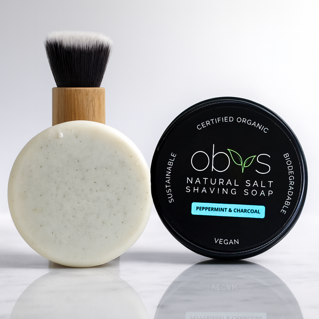 Obvs Skincare New Shaving Soap Travel Kit with peppermint and charcoal shaving soap in travel tin and mini shaving brush