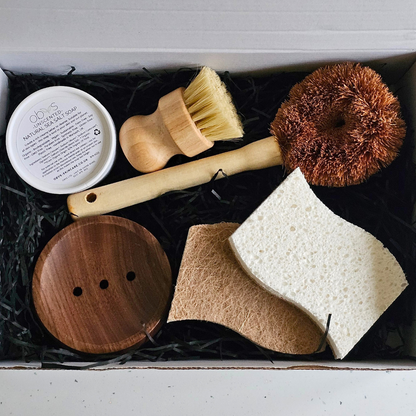 Upgrade your cleaning with the Obvs Eco-Cleaning Starter Kit! Includes plastic-free brushes, sponges, soap dish, and organic multipurpose soap. Sustainable and effective!