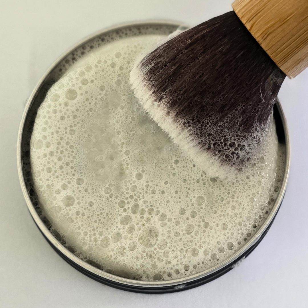 Obvs Skincare New Shaving Soap Travel Kit with peppermint and charcoal shaving soap in travel tin and mini shaving brush