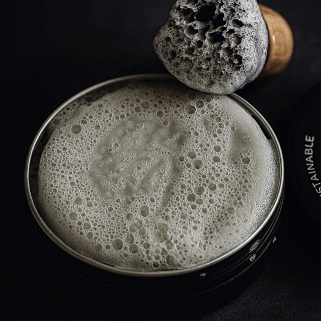 Obvs Skincare New Shaving Soap Travel Kit with peppermint and charcoal shaving soap in travel tin and mini shaving brush