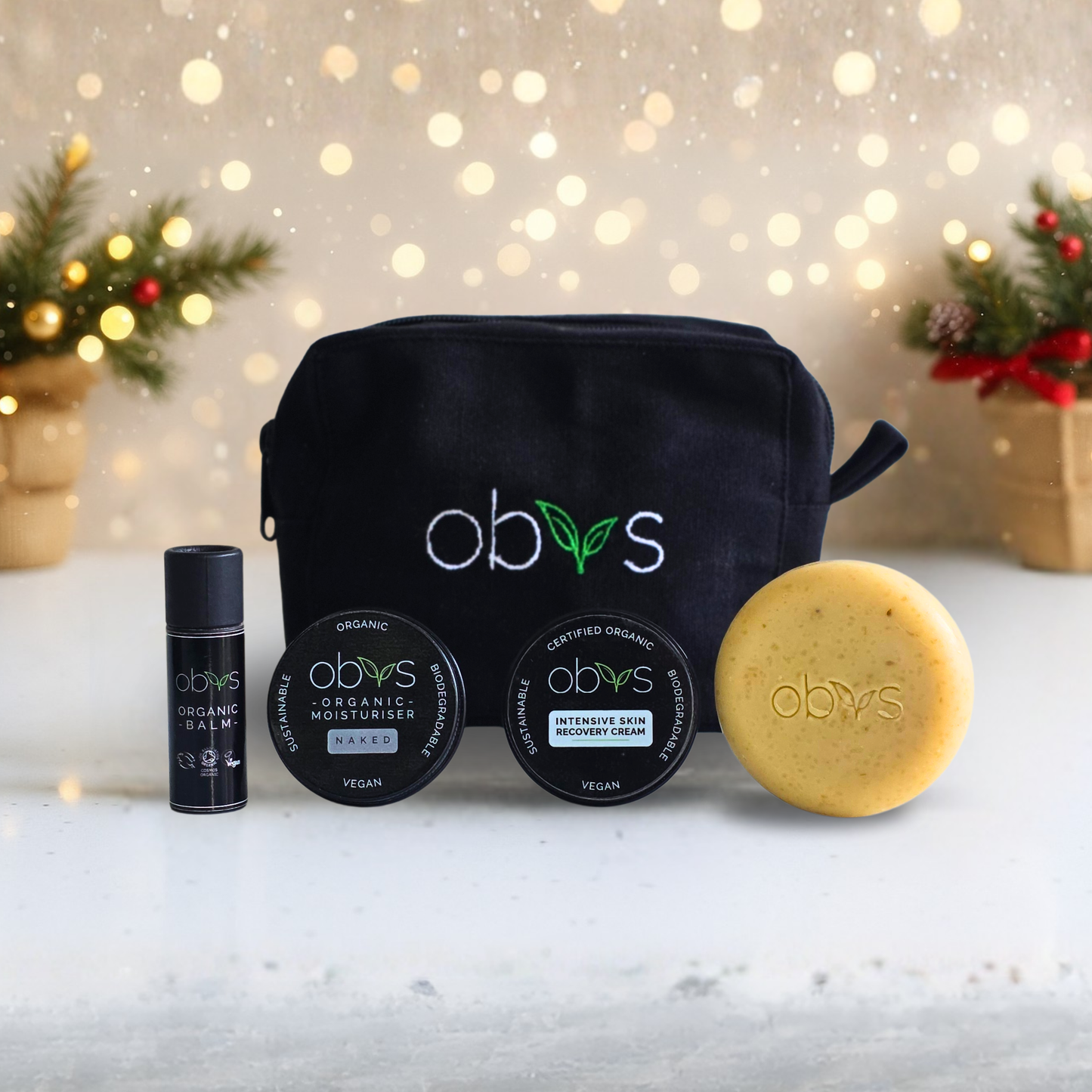 Essential Obvs Skincare Gift Set including Intensive Skin Recovery Cream, Naked Organic Moisturiser, Organic Balm, Organic Oat Soap and Organic Toiletry Bag. Natural vegan skincare for dry sensitive or acne prone skin.