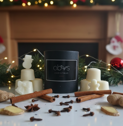 Black wax melts' branding on a table with Christmas decorations including cinnamon sticks and star anise. Hand-poured Christmas Wax Melts with cinnamon, clove & ginger essential oils. Warm, spicy, calming scent in clean coconut & rapeseed wax.